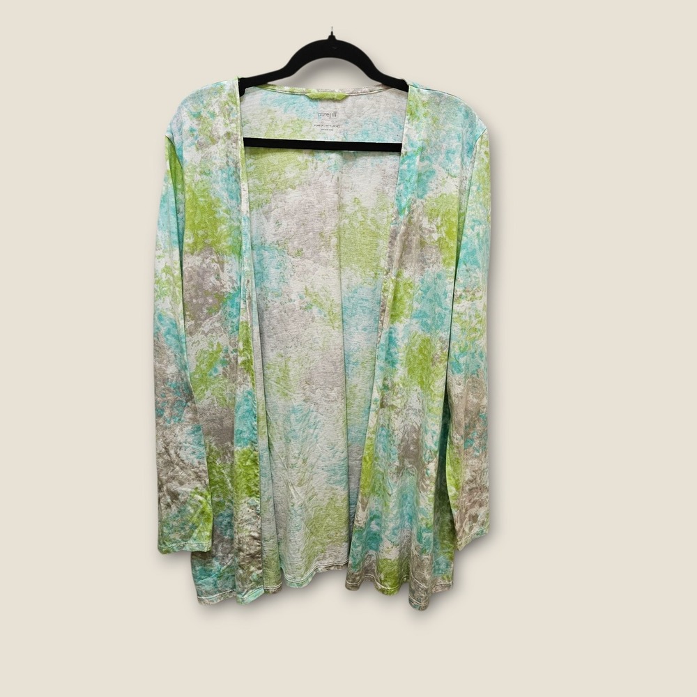 Pure Jill Batik Jacket Open Front Cardigan Pima Cotton Blend Green Blue L - Picture 1 of 9